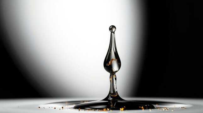 A drop impacts black liquid forming an elegant water column topped with a hanging bead scattered with golden particles a