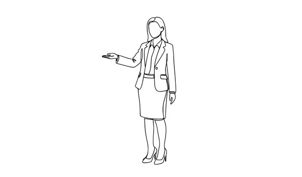 Continuous line business woman presenting gesture minimalist single line corporate illustration vector