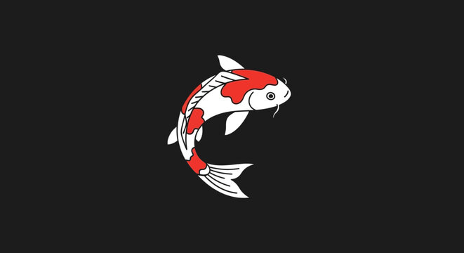 Minimalist Illustration of a Red and White Koi Fish on Black Background