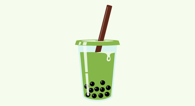 Matcha Bubble Tea with Tapioca Pearls in a Plastic Cup
