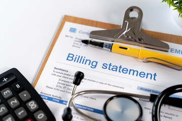 Medical Billing Statement with Calculator Pen and Stethoscope on Clipboard