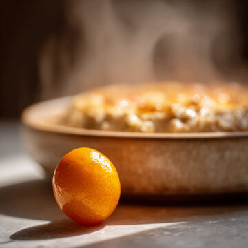 Close-up of fresh kumquat fruit beside handmade ceramic bowl of creamy oatmeal porridge with honey drizzle, soft bokeh on gray stone surface, healthy breakfast vibe.