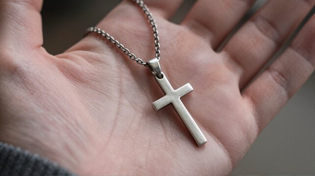 Person holding cross pendant in hand for prayer