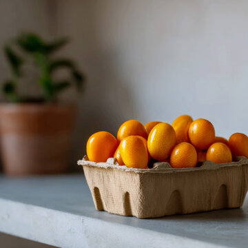 Fresh kumquats overflowing recyclable kraft paper tray on gray countertop with potted green plant and terracotta pot in soft blurred background, sustainable fruit packaging.
