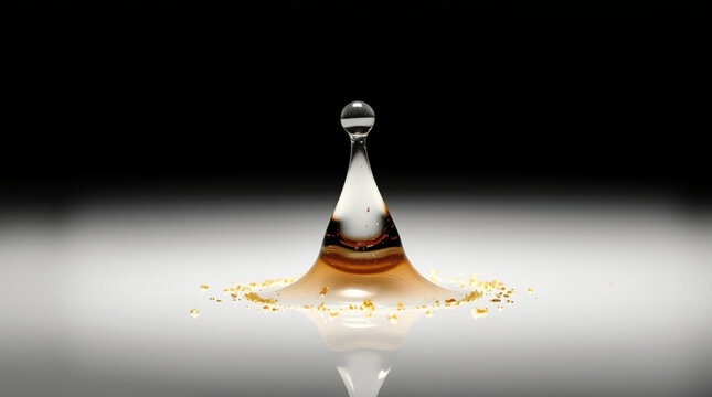 A crown shaped splash forms as a drop hits the liquid surface, with a hanging water droplet and golden particles scatter
