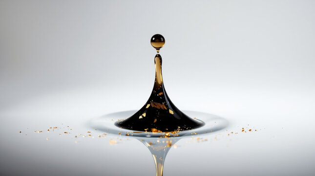 A dark liquid droplet impacts the surface, creating a majestic crown splash with a suspended glistening drop and golden
