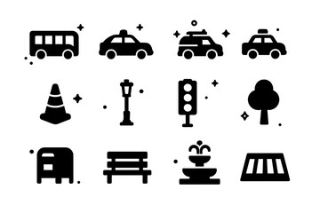 Obraz premium LEGO City Icons. LEGO City Elements. Solid icons set of LEGO City Elements: bus, police car, fire truck, taxi, construction cone, lamppost, stoplight, tree,
