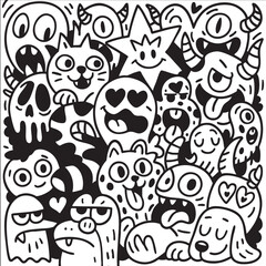 Fototapeta premium Isolated separated layered lineart outline of doodle cartoon animals and monsters with playful