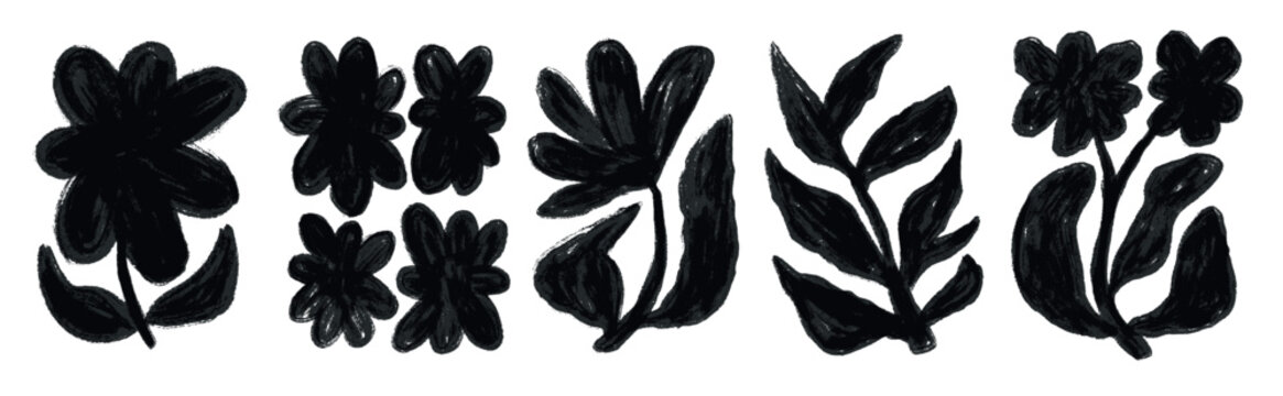 Set of groovy hand drawn floral botanical black background in trendy naive retro hippie 60s 70s style. Vertical poster with silhouette abstract wavy textured flower