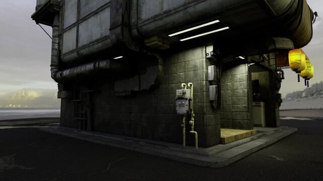 Deserted industrial corner with yellow lanterns. Weathered concrete walls, exposed pipes, compressor casing and hanging lanterns casting warm glow on cracked