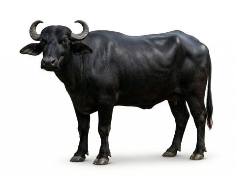 indian murrah water buffalo standing in full body isolated on white background for dairy farming and agriculture use