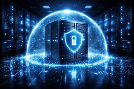Secure server rack protected by a glowing digital shield in a futuristic data center