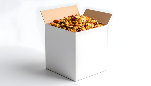 Box overflowing with granola on white. Beige interior contrasts with white. Healthy breakfast concept