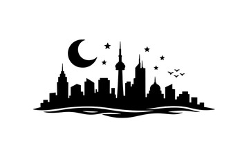 Fototapeta premium Toronto skyline silhouette with moon stars nightscape iconic landmarks