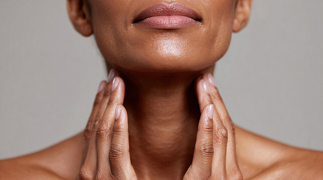 Closeup of a Black womans neck and chin, gently touching her skin with her hands, showcasing healthy, glowing complexion Concept of skincare, beauty, and selfcare
