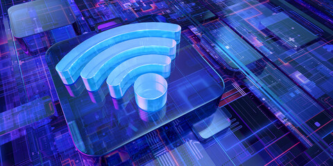 Wireless connectivity symbol: WiFi radio signal transmission indicator as a blue icon on a glass digital interface button. Electromagnetic data, electronic infrastructure, 5G 6G information exchange