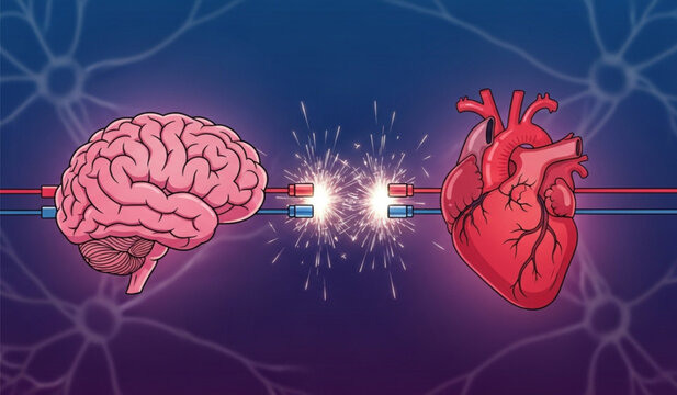 Brain and heart connected by electrical sparks and neural network