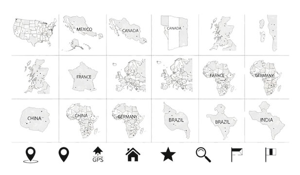 World map outlines with country borders and city markers collection