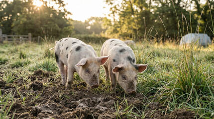 Fototapeta premium Two Young Pigs with Black Spots in Muddy Field at Golden Hour
