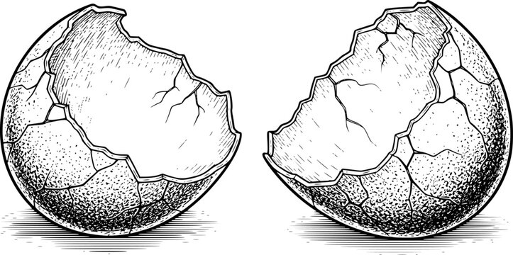 Halves of a cracked open eggshell with intricate line hatching and stippling detail