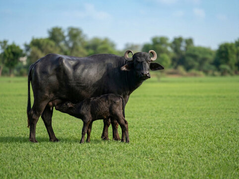 indian murrah buffalo with calf feeding underneath in clean green pasture for dairy farming and agriculture concept