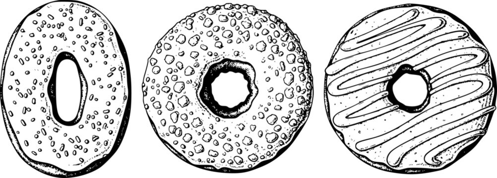 Hand Drawn Black and White Donuts with Sprinkles and Glaze White Background food