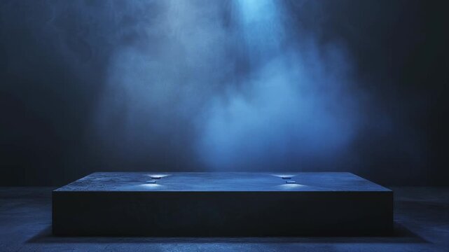 A dark scene of a geometric platform bathed in blue light and surrounded by hazy atmosphere
