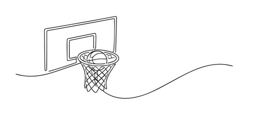 single line basketball hoop.continuous line drawing of ball entering basket on backboard.sport scoring concept.one line vector illustration. © bakul garis