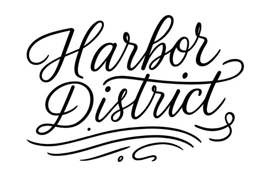 Harbor District Typography. Harbor District ? brush script hand-lettering with fluid semi-cursive strokes, thin connectors, fast brush accents; composition:
