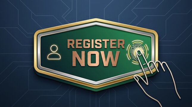Digital registration process with a human finger pressing a fingerprint scanner on a green and gold hexagonal button with 'register now' text