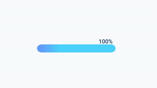 Animated progress bar showing 100 percent completion with label above the bar on clean background, representing finished task and successful digital process.