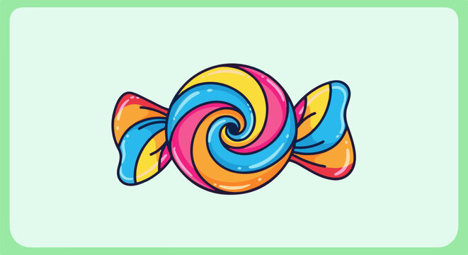 Vibrant spiral candy in colorful wrapper on a light mint background