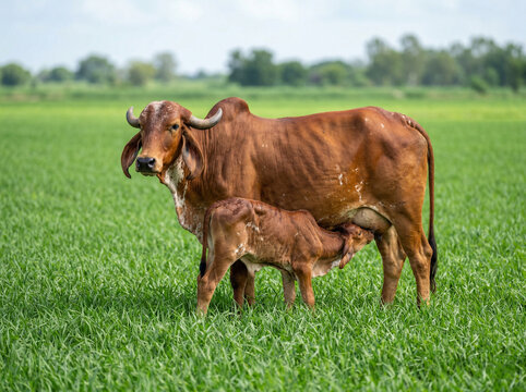 indian gir cow with calf nursing in clean green pasture for dairy farming and rural agriculture storytelling