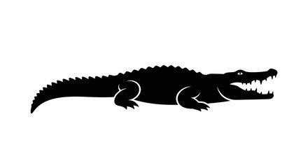 Fototapeta premium Black silhouette of a fierce crocodile with its mouth open, showing sharp teeth, on a white background.