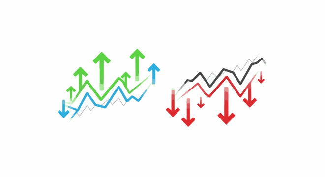 Two opposing graphs, one with rising green and blue arrows, the other with falling red arrows