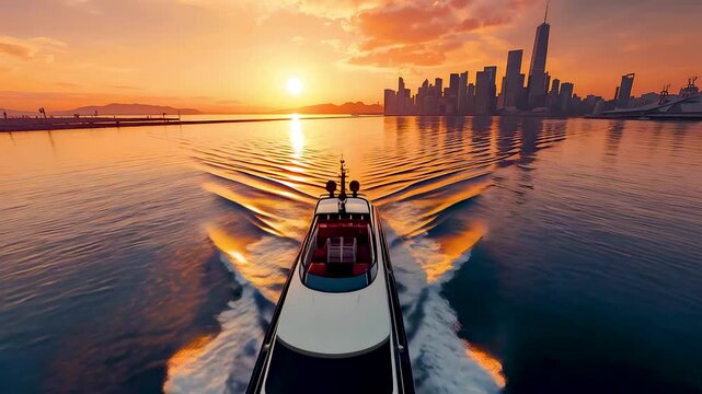 Speedboat moving across calm water toward modern city skyline during vibrant sunset with reflections and dynamic wake pattern