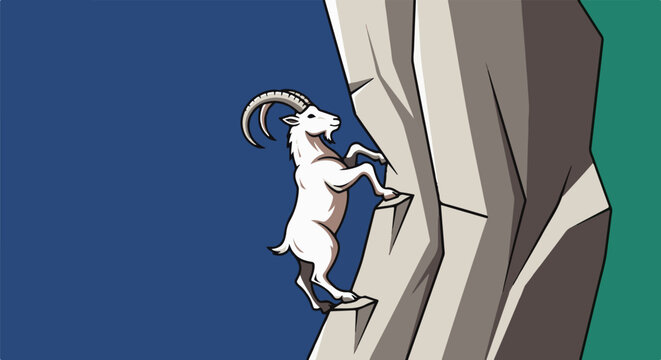 A white ibex climbs a rugged, grey cliff face