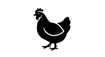 Fototapeta premium Black silhouette of a chicken or hen standing on a white background, simple farm animal icon.