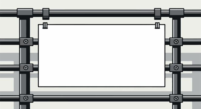 Pixel art frame with metal pipes holding a blank white sign