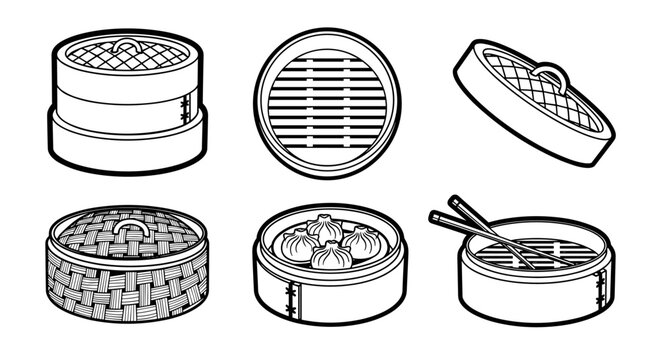 Set of various bamboo steamer baskets and dim sum in outline style.