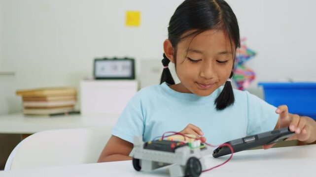 Young girl having fun working on a robot design