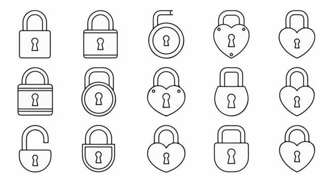 Various padlock icons in a grid, showcasing different shapes and an unlocked example