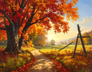 Obraz premium A serene autumn landscape with a tree-lined path
