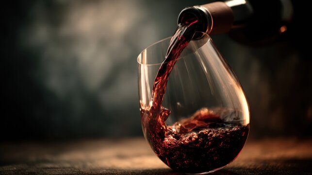 Deep red wine elegantly cascading into a clear glass from a dark bottle, capturing a moment of rich flavor anticipation