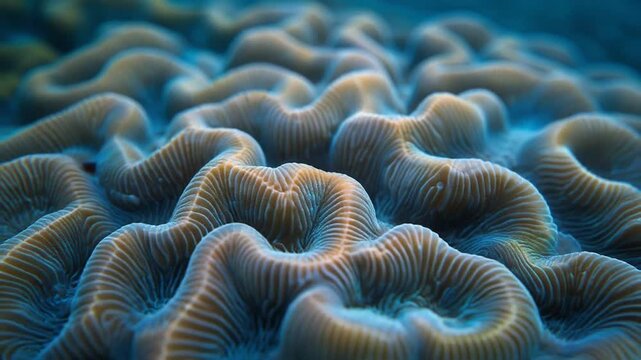 A detailed macro of a coral reef with ridges and grooves in shades of blue and tan
