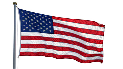 Obraz premium Waving American flag on flagpole against white sky, symbolizing patriotism and national pride on a sunny day