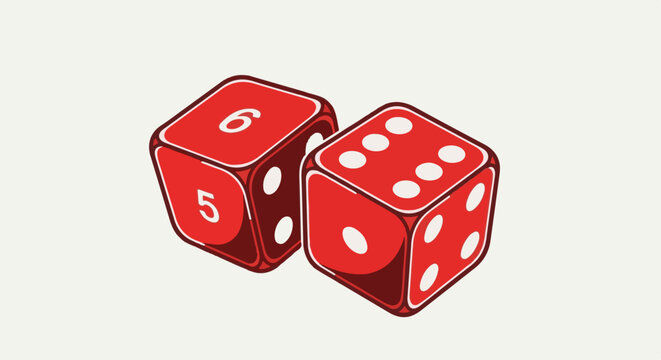 Two bright red dice showing a 5 and a 6 on their faces