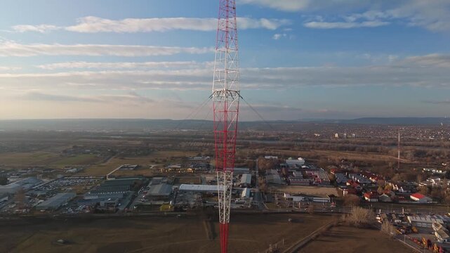 Lakihegy Tower, a historic Blaw-Knox radio mast and national landmark near Budapest, Hungary, stands tall in this aerial drone view, highlighting its distinctive diamond-shaped structure.