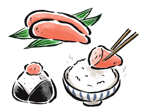 たらこ　ご飯とおにぎり　筆タッチ手描きイラスト