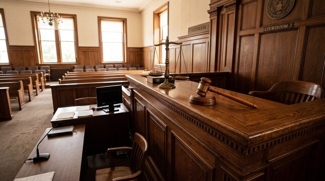 Empty courtroom interior with judge gavel and justice scales on wooden bench